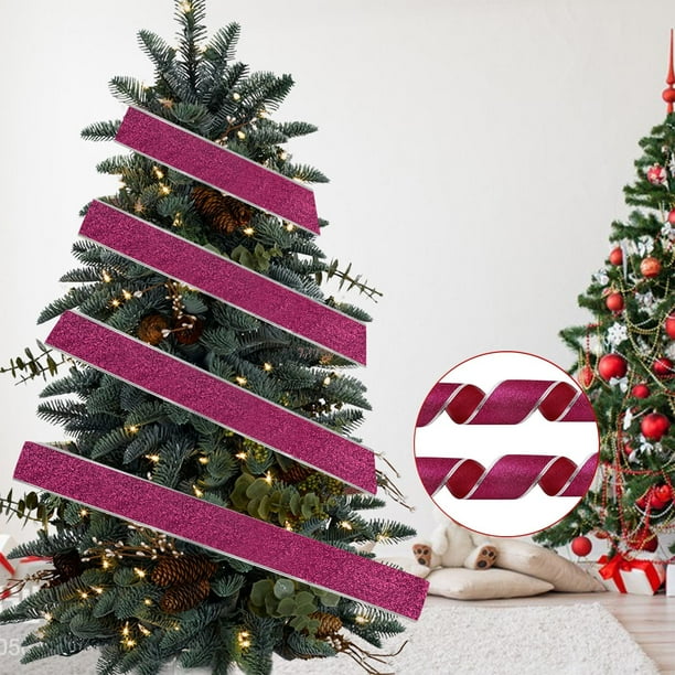 Decoraciones navideñas, adornos navideños, regalos de Navidad. Fideos dorados navideños de 2 m con cinta para árbol de Navidad y cinta de raso decorativa.