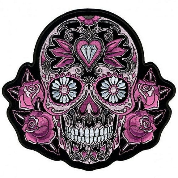 Pink Sugar Skull and Roses, Embroidered Iron-on/Saw-on, Heat Sealed Backing Rayon Patch - 8" x 8"