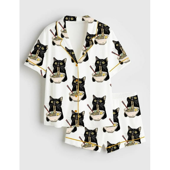Cute Black Cat Ramen Pajama Set | Cartoon Noodle Lover Sleepwear