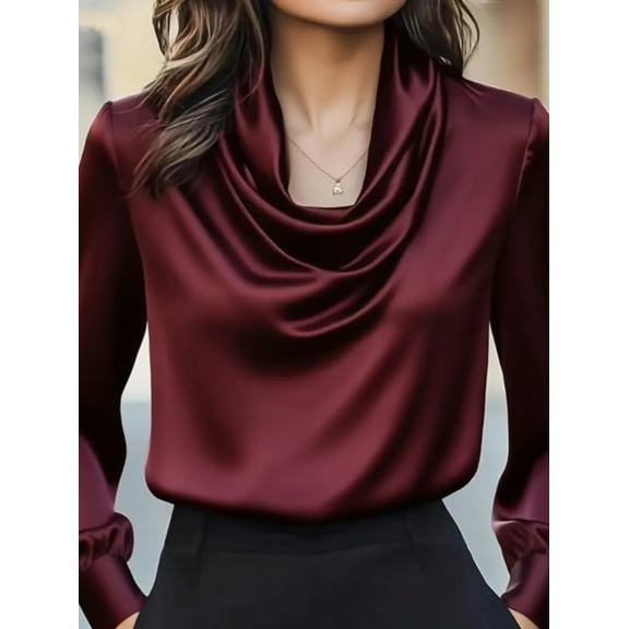 ZOELNIC Women's Elegant Cowl Neck Blouse Draped Long Sleeve for Office & Work Wear, S