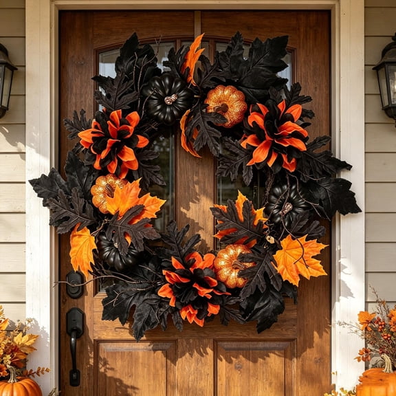 Halloween Wreath,Fall Wreath,Halloween Wreath with Artificial Pumpkin Handmade Black Maple Leave Pumpkin Orange Berries,Front Door Decorations(Black 18*18IN)