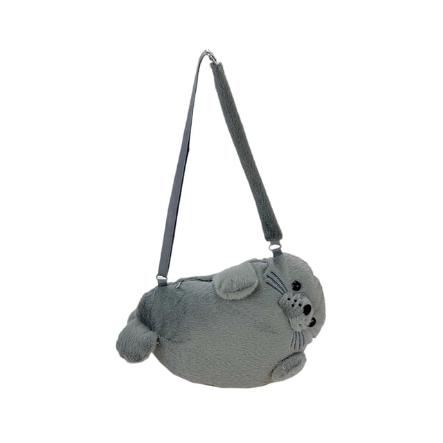 Bolso bandolera de peluche con forma de foca kawaii, bolso de hombro para ir de compras y viajar, ideal para mujeres y niñas. Gris L