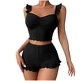 thumbnail image 5 of FRSASU 2 Piece Pajama Set for Women Ruffle Strap Ruched Sleeveless Ribbed Knit Cami Top and Ruffle Shorts Summer Loungewear Black-A, 5 of 6