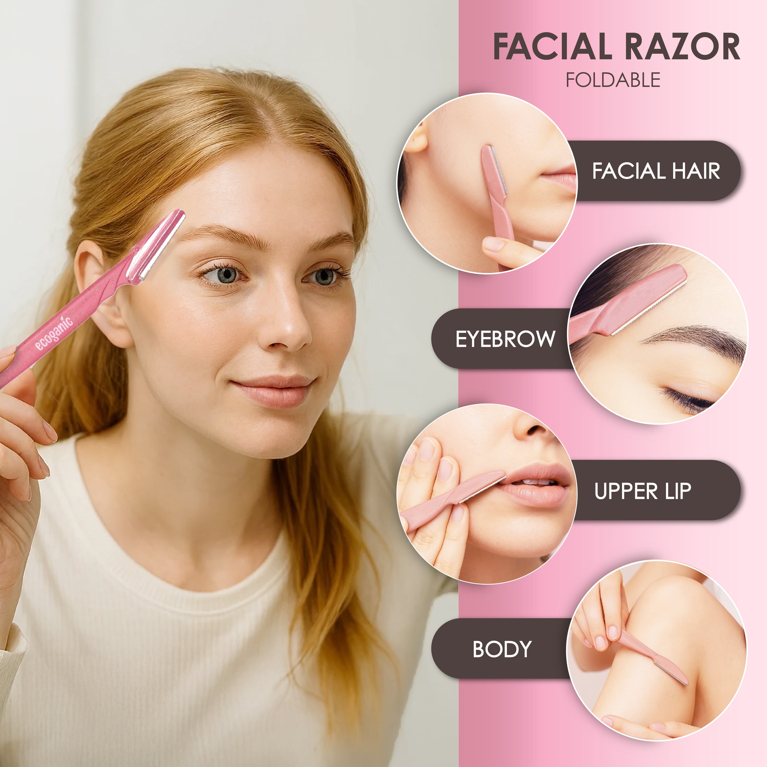 Ecoganic Pink Facial Razor Set, 12PK Value Pack, Biodegradable