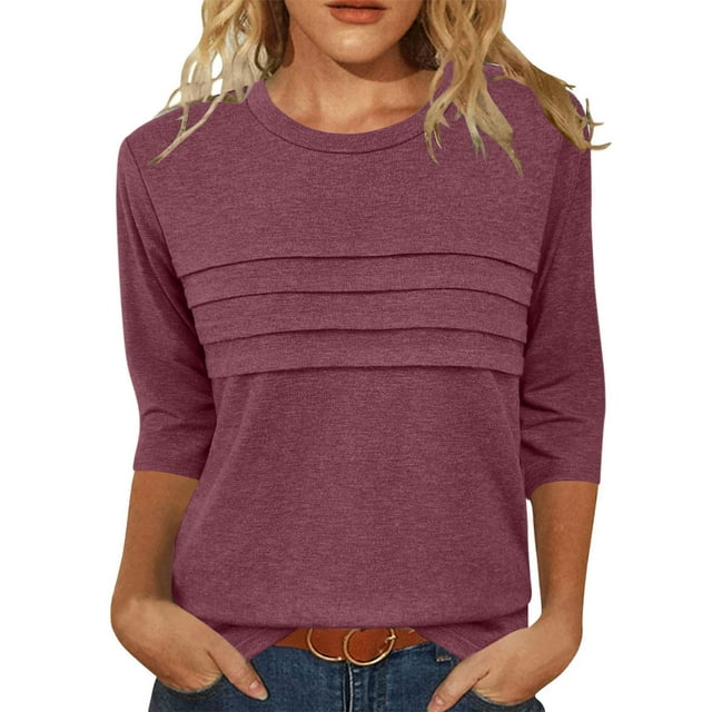 SwiftWear Femmes Col Rond Manches 3/4 Hauts Couleur Unie T-Shirts Décontractés Basiques Amples Mode Extérieure Blouse Imitation Coton 2025