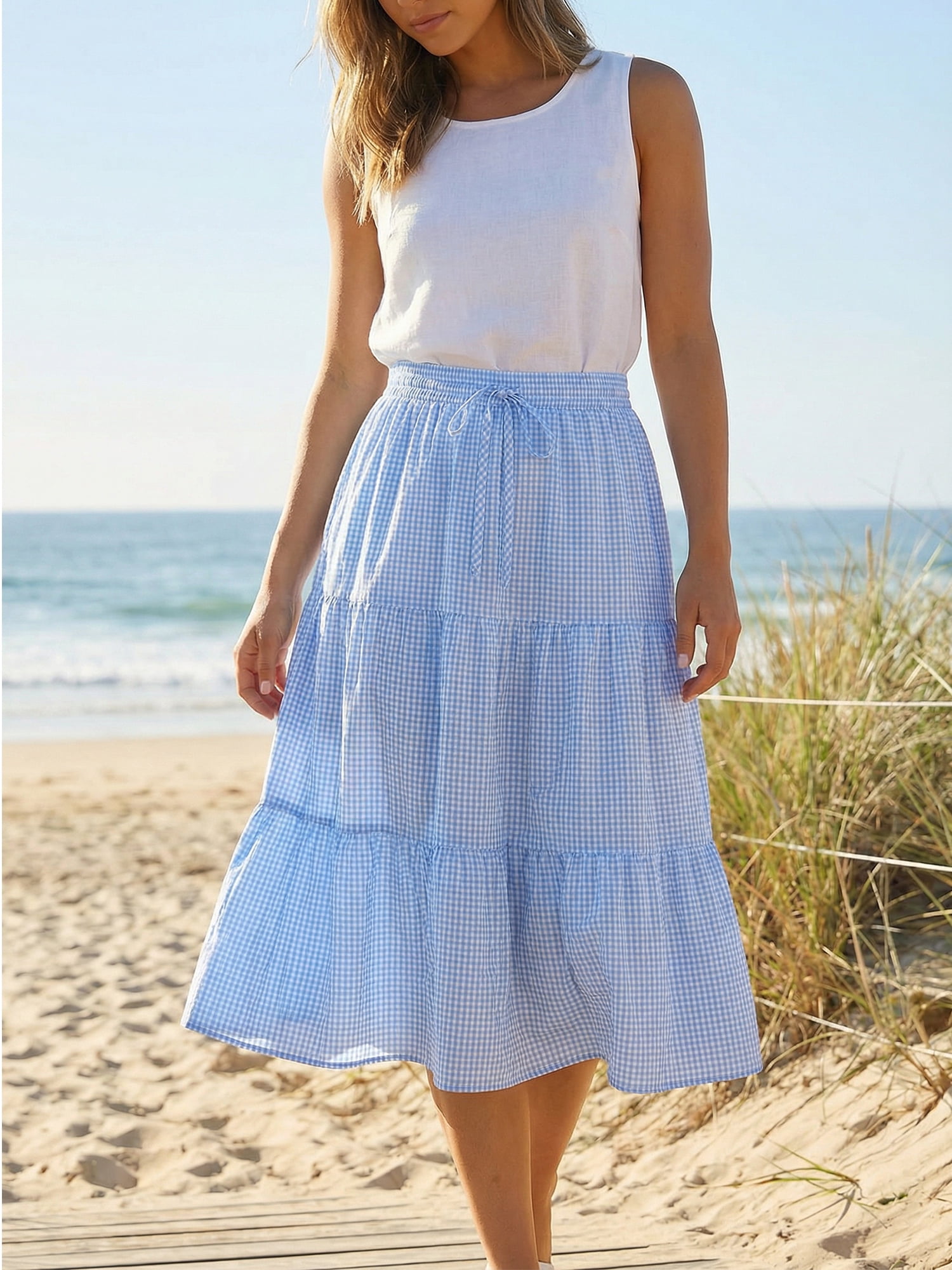 DARING DIVA Women's Gingham Drawstring Waist Tiered A-Line Midi Skirt Medium Sky Blue