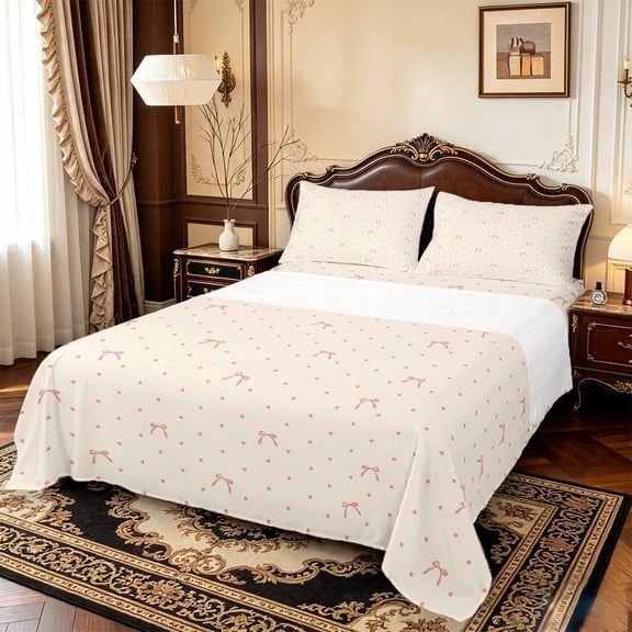 Manfei Cute Coquette Bow Bed Sheets,3D Cartoon Bowknot Print Full Size Sheets,4-Piece,1 Flat Sheet,1 Fitted Sheet and 2 Pillowcases