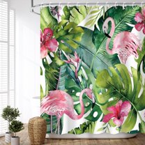 Tropical Shower Curtain, Green Shower Curtain, Flamingo Shower Curtains for Bathroom, Botanical Shower Curtain Set with 12 Hooks, Leaf Bathroom Decor, 72X72 inches