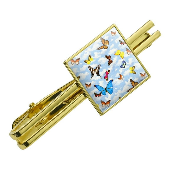 Butterflies in the Blue Sky Pattern Square Tie Bar Clip Clasp Tack- Silver or Gold