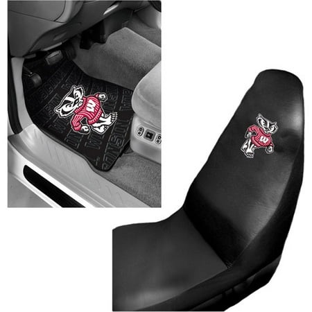 NCAA Wisconsin 2 pc Front Floor Mats and Wisconsin Car Seat Cover Value Bundle