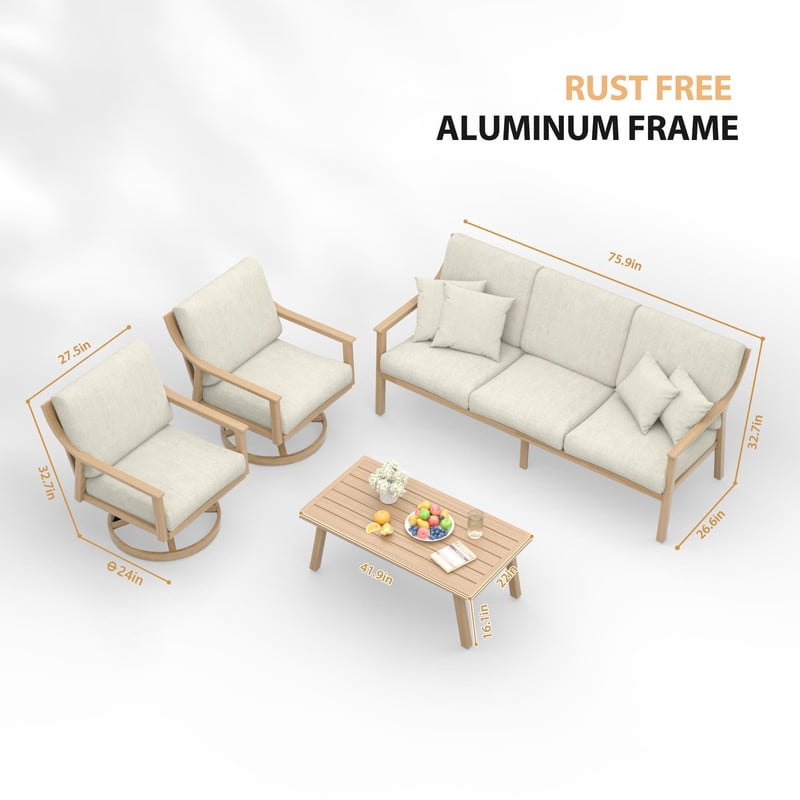 4-Piece Outdoor Patio Furniture Set for 5, Aluminum Outdoor Conversation Set Includes 1 Three-Seater Sofa, 2 Swivel Chairs, and 1 Coffee Table