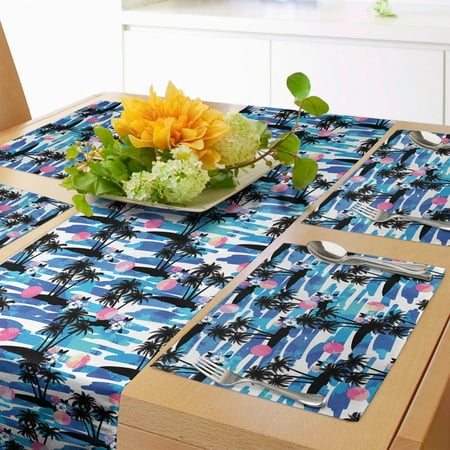 

Tropical Table Runner & Placemats Aloha Hawaii with Paradise Island Palm Trees Hibiscus Blossoms Sun Sea Set for Dining Table Decor Placemat 4 pcs + Runner 12 x72 Blue Black Pink by Ambesonne