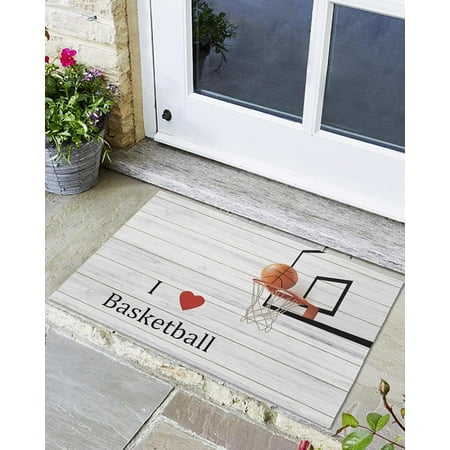 

Indoor Outdoor Mats I Love Basketball Hoop and Basketball on Wood Grain Door Mat Non-Slip Absorbent Resist Dirt Entrance Mat Washable Welcome Mats for Entryway Low-Profile Floor Mats