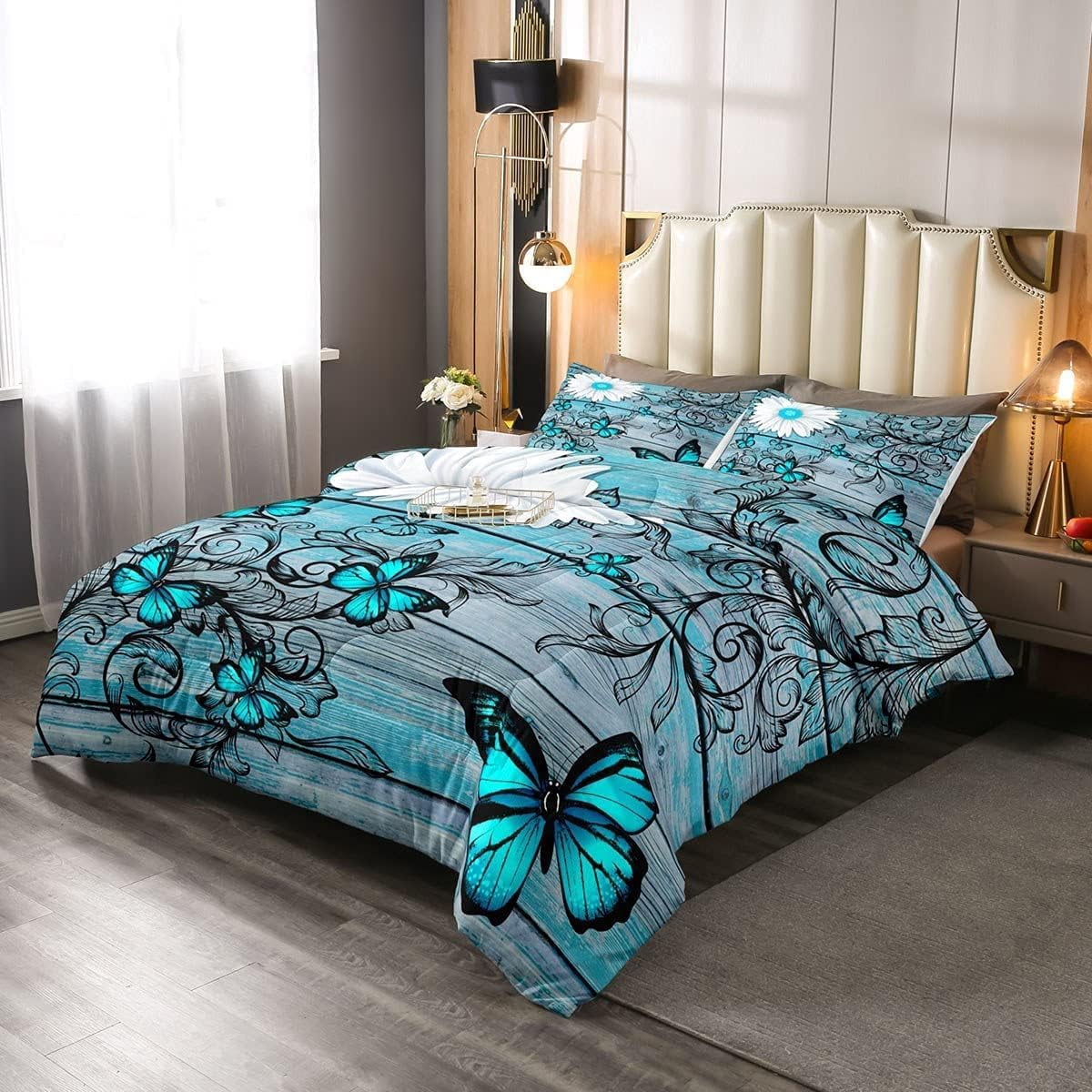 Butterfly Bedding Sets Teens Women Bedroom Rustic Flower Comforter Set King Size,Blue Butterflies White Chic Floral Duvet Set Retro Vintage Romantic Style Quilt Set Soft Lightweight