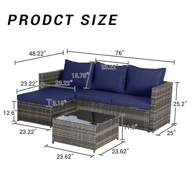 3-Piece Patio Furniture Set with Coffee Table, Outdoor L-Shaped Sectional Sofa Set with Ottoman, Wicker Outdoor Conversation Set for Backyard Poolside
