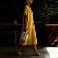 thumbnail image 4 of LNWUY Women's V Neck Linen Maxi Dress with Lace Trim Short Sleeve Solid Color Loose Pocket Long Dress Summer Casual Beach Dress Yellow M, 4 of 6