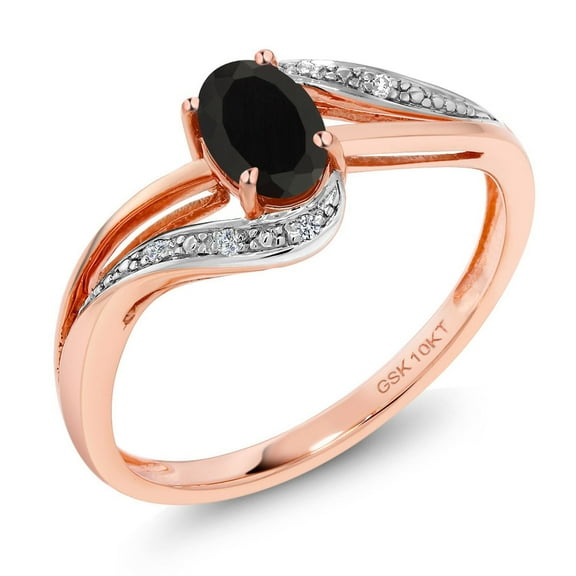Gem Stone King 10K Rose Gold Black Onyx and Diamond Engagement Ring for Women | 0.43 Cttw | Gemstone Birthstone | Wedding Engagement Anniversary Promise Ring for Women | Size 8