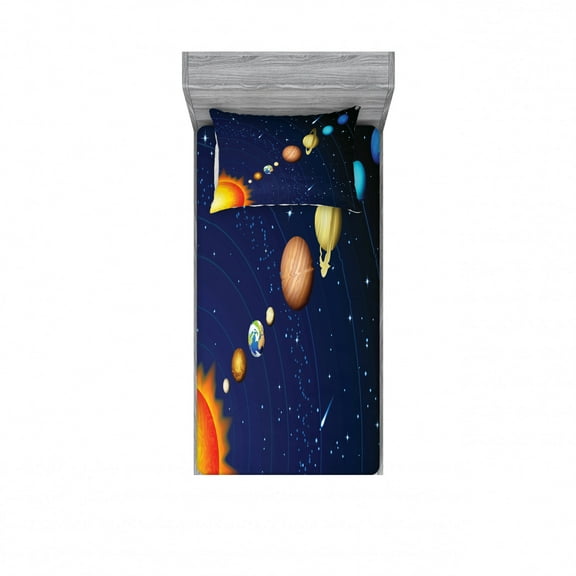 Ambesonne Space Fitted Sheet & Pillow Sham Set, Solar System with Sun, Twin, Dark Blue Orange