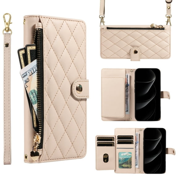 Wallet Lanyard Crossbody Strap Heavy Duty Case for iPhone 11 with Cash Slots Card Holder Zipper Pocket Remium PU Leather TPU Full Body Protective Kickstand Rugged Phone Cover, Beige