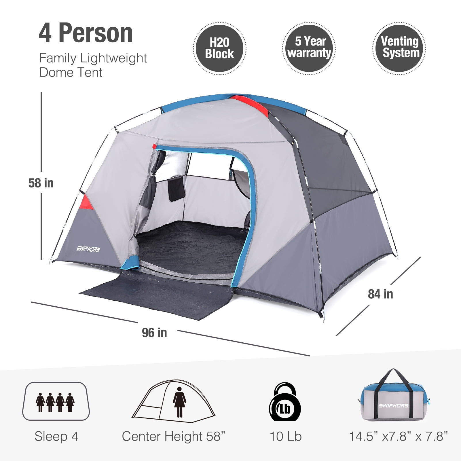 Garvee 4 Person Instant Pop Up Tent, Waterproof Dome with Carry Bag for Family Camping & Hiking, Blue