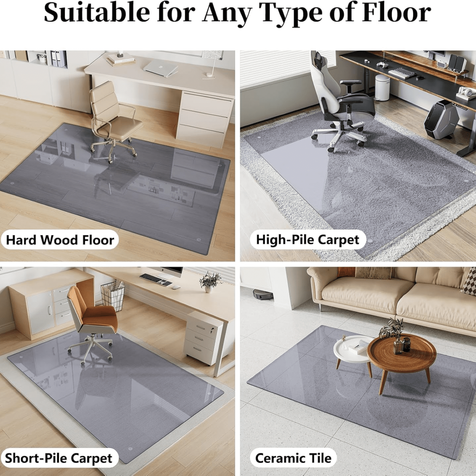 GRAHMCY 46"x55" Office Chair Glass Mat Tempered Glass Mat for Carpeted or Hardwood Floors,Gray