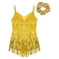 thumbnail image 3 of TiaoBug Kids Girls Sequins Jazz Latin Tassel Dance Dress Sleeveless Ballet Mesh Fringed Leotard with Hair Tie Gold 12, 3 of 7