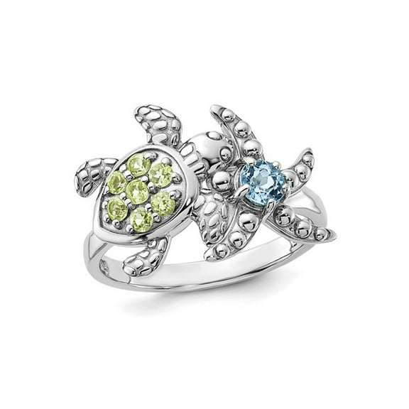 1/2 Carat (Ctw) Peridot and Blue Topaz Turtle and Starfish Ring in Sterling Silver for Women