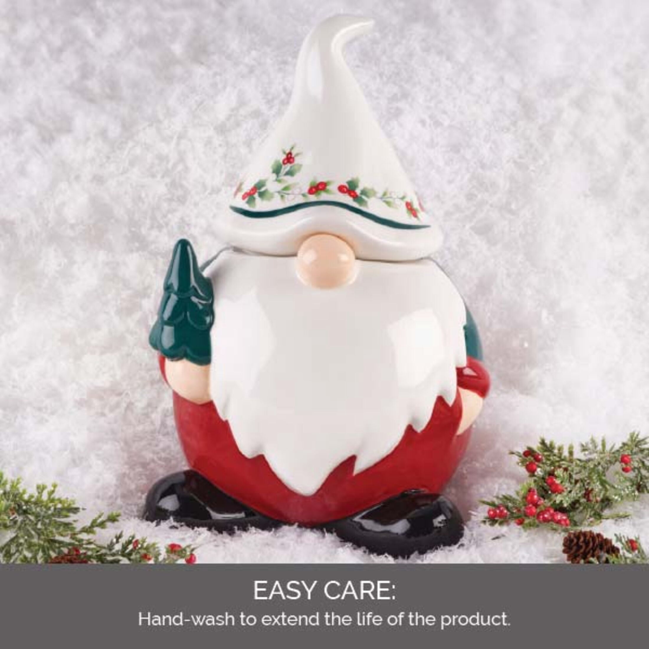Pfaltzgraff Winterberry 10 in Dolomite Gnome Cookie Jar Canister
