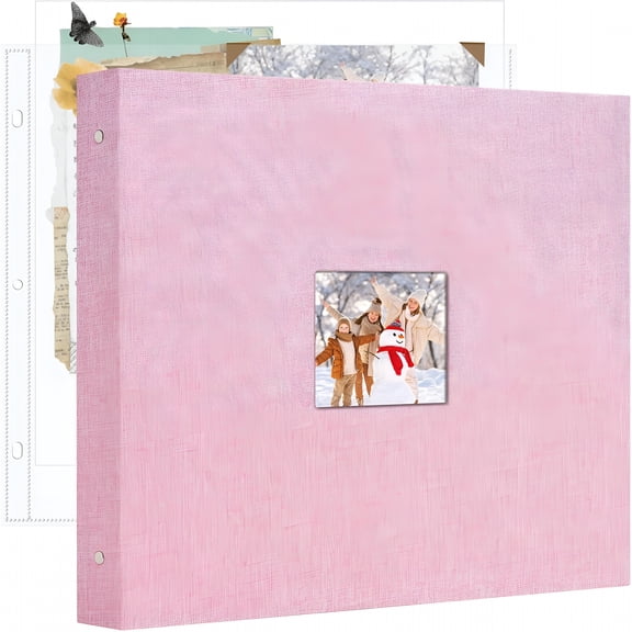 CCOCC 12x12 Inch Large 3 Ring DIY Scrapbook Photo Album, Linen Cover Scrapbook with 20 Sheets Plastic Sleeves 40 Pages Memory Book for Wedding Birthday Baby Family (Pink)