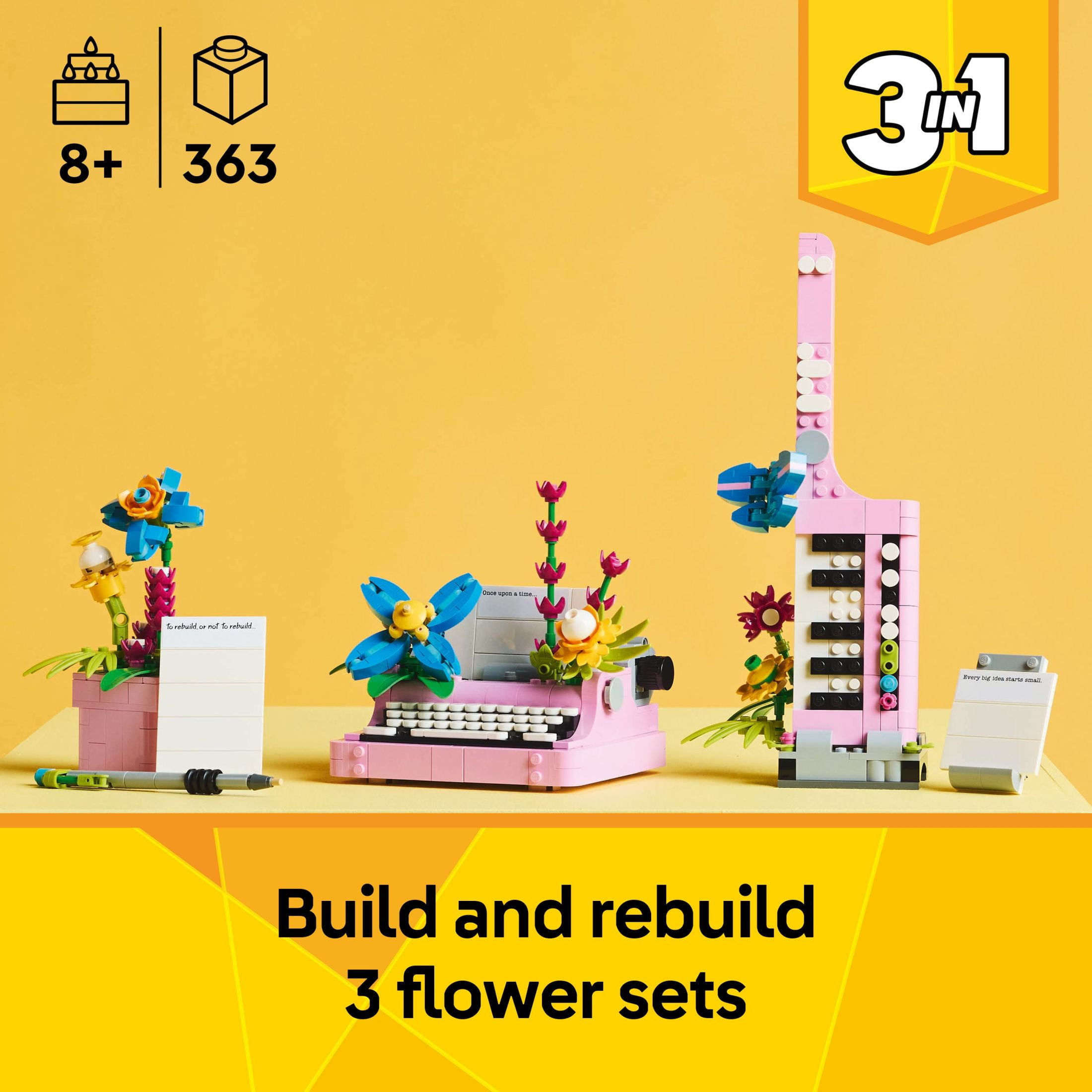 LEGO Creator 3 in 1 Typewriter with Flowers - Building Toy with 3 Building Options, Typewriter, Flowerpot with Pen & Notebook, or Keytar - Birthday Gift for Girls & Boys - 31169