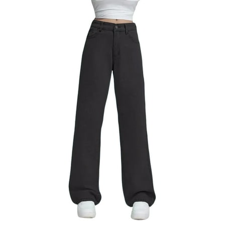 WTOBBY Women s High Waist Straight Leg Loose Fit Casual Trousers Denim Jeans Style for Everyday Comfort and Versatile Styling Dark Gray S