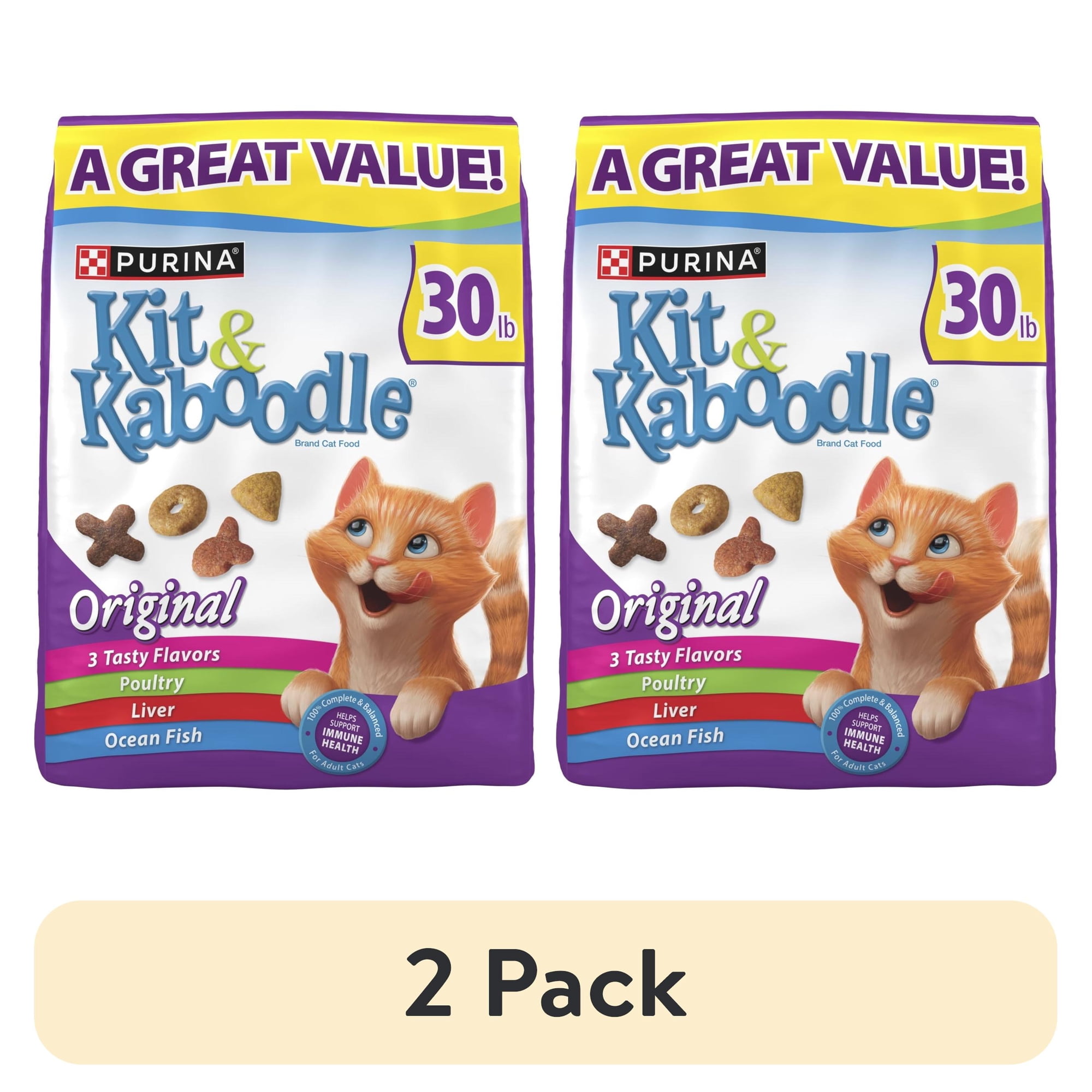 (2 pack) Purina Kit & KaboodleOriginal, Indoor Dry Cat Food, Chicken,Liver,Turkey,Oceanfish, 30 lb Bag