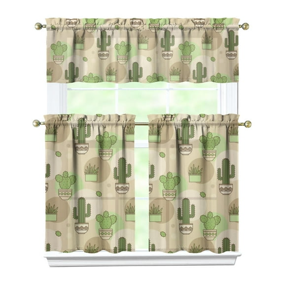 Desert Plant Kitchen Curtains Set of 3, 27.5x36in Polyester Short Drapes with Succulent and Cactus Print, Ideal for Kitchen, RV, or Seasonal Home Decor