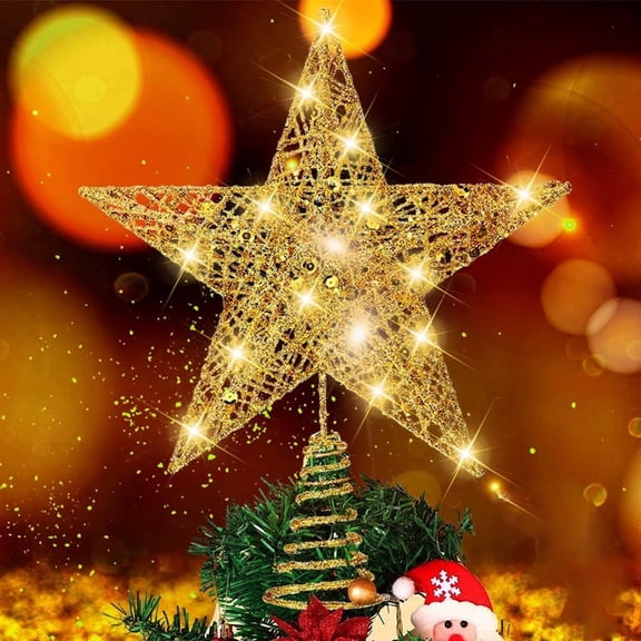 Christmas Tree Toppers,Glitter Gold Star Tree Topper Lighted with LED Warm White Lights for Xmas Tree Decorations,Holiday Party Indoor Decor