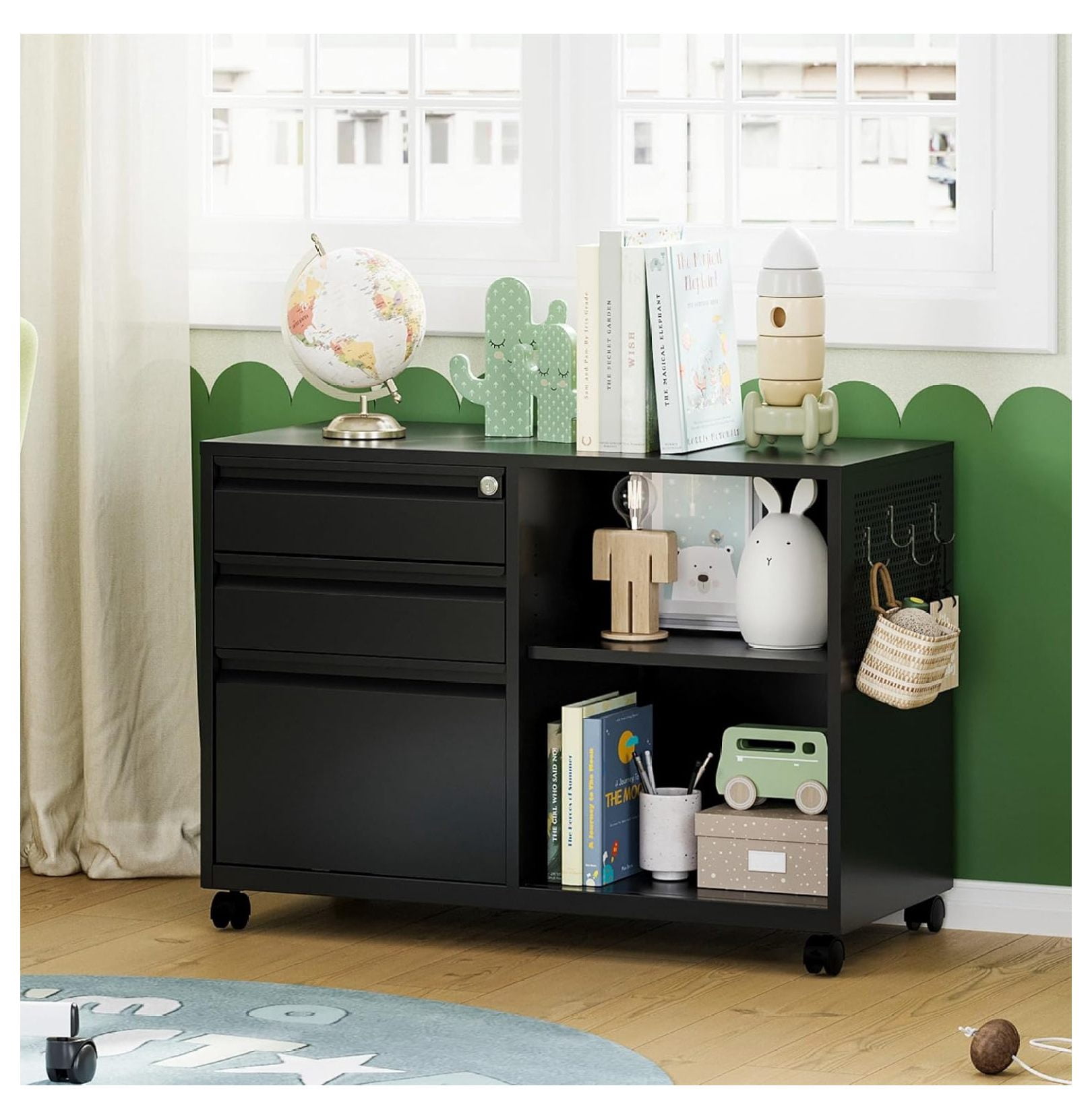 WDZS Mobile 3 Drawer File Cabinet with Lock-Metal Lateral Rolling Printer Stand Filing Cabinets for Home Office-Storage A4/F4/Letter (Black)