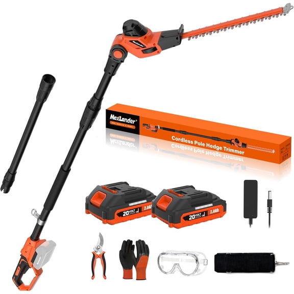 MAXLANDER Hedge Trimmer 18-Inch Cordless Pole Hedge Trimmer, 16-Feet Max Reach Hedge Trimmer with Extension Pole, Multi-Angle Adjustable, 2 x 2.0Ah Battery and Charger Included