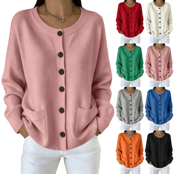 GILIGEGE Women's Crew Neck Knit Cardigan,Long Sleeve Button Down Loose Sweater Coat with Side Pockets,Soft Casual Outerwear Trendy Fall Fashion for City Strolls Chunky Knit Cardigans Pink S