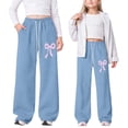 thumbnail image 2 of Girls Cargo Pants Bow Tie Wide Leg Lightweight Straight Leg Joggers Pockets Compression Tights,Blue,160, 2 of 5