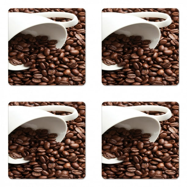 Coffee Coaster Set of 4, Close Up Real Image of Beans Pouring from a Cup Aromatic Roasted Seeds