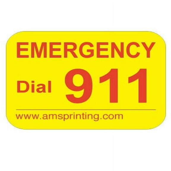 Emergency 911 Phone Stickers, Laminated Stickers on Yellow Gloss with Red Ink. Permanent and Self-adhesive labels. Label Size: 1"(w) x 3/4"(h)