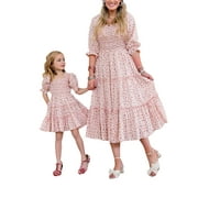 Liangchengmei Mommy and Me Dresses Outfits Family Matching Summer Floral Ruffle Puff Sleeve Maxi Dress for Mother and Daughter