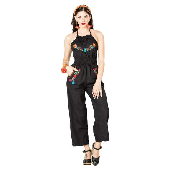 Artisanal Embroidered Romper 100% Cotton Black 603183
