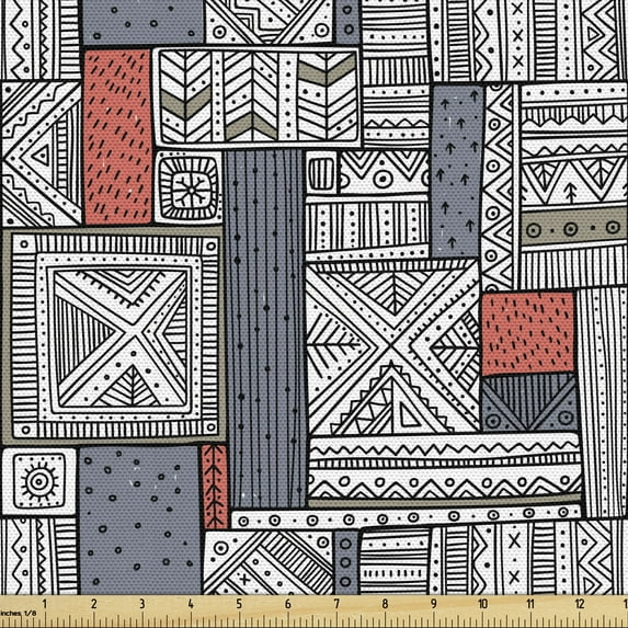Geometric Sofa Upholstery Fabric by the Yard, Hand Drawn Style Illustration Ornamented as Tribal Motifs Print, Decorative Fabric for DIY and Home Accents, Slate Blue and Dark Salmon by Ambesonne