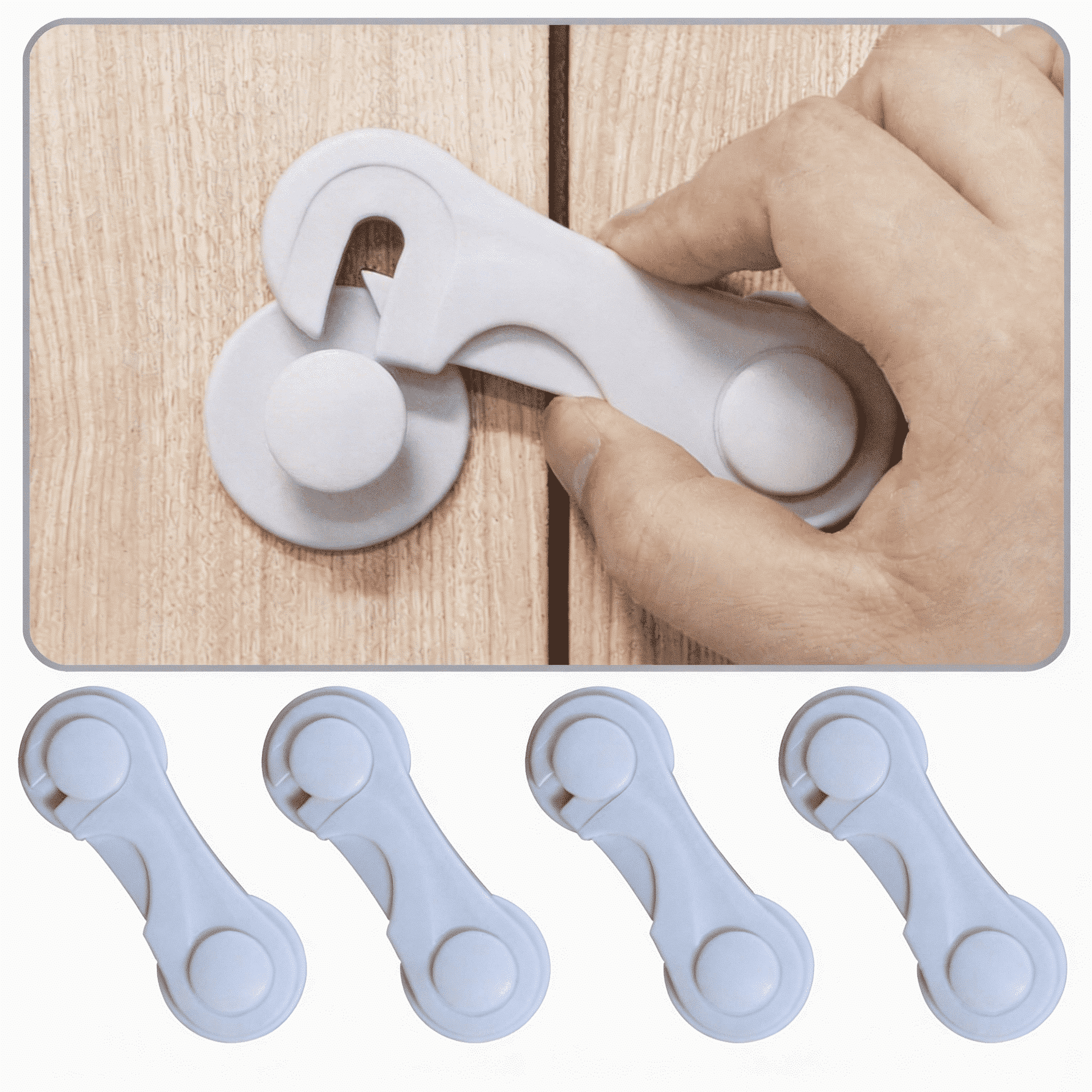 Baby Safety Cabinet Locks (4 Pack) - No Drill Child Proof Latches with Strong Adhesive for Cabinets, Drawers, Fridge & Oven. Easy One-Hand Operation.