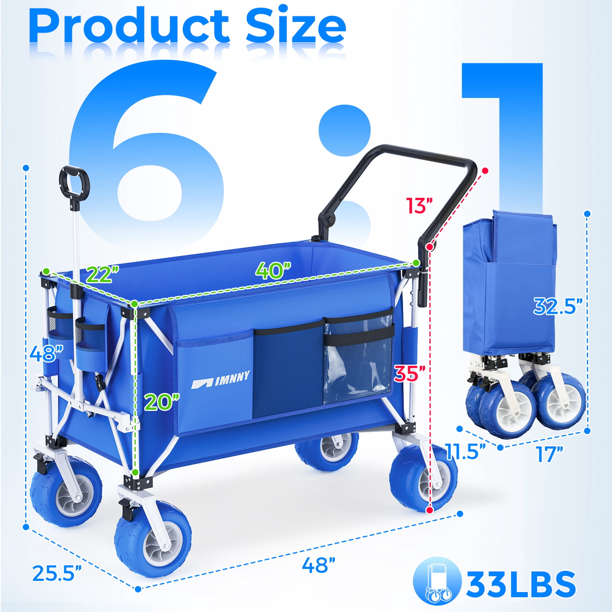 Foldable Beach Wagon with 9x4 All-Terrain Wheels 500 lbs Capacity 400L Storage Camping Cart