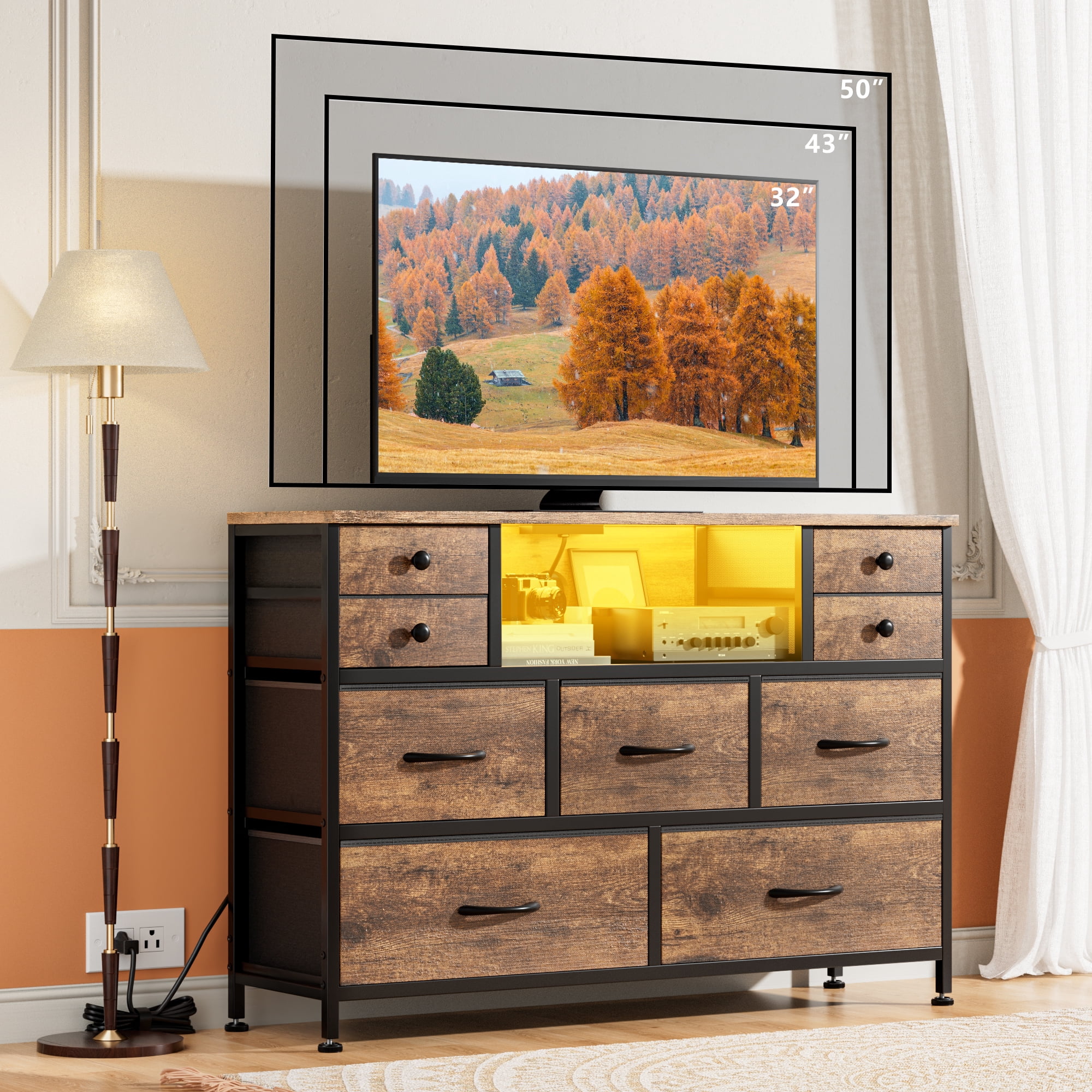 GIKPAL 9 Drawer Dresser, Dressers for Bedroom TV Stand with Power Outlets LED Lights, Fabric Dresser Chest of Drawers for up to 50" TV, Brown