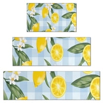 Yellow Lemon Fruit Flowers BlueWhite Pattern Kitchen Rugs Sets Of 3,Kitchen Runner Rugs Non Skid Washable,Decorative Kitchen Floor Mats for Kitchen,Sink,Laundry,17"x30"  17"x47"   17"x59"
