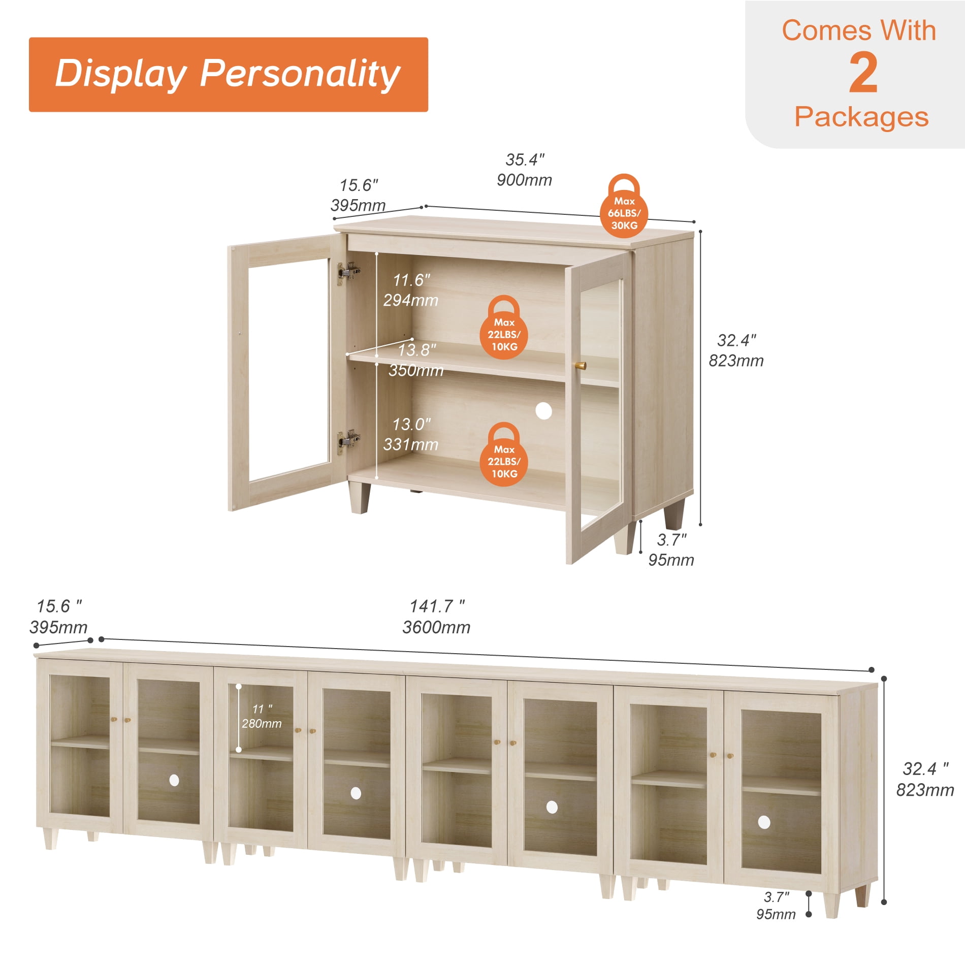 Set of 4 Buffet Cabinet Sideboard With Glass Doors, Adjustable Shelves and Cable Management For Kitchen Dining Room, 142" W, White Oak Wood
