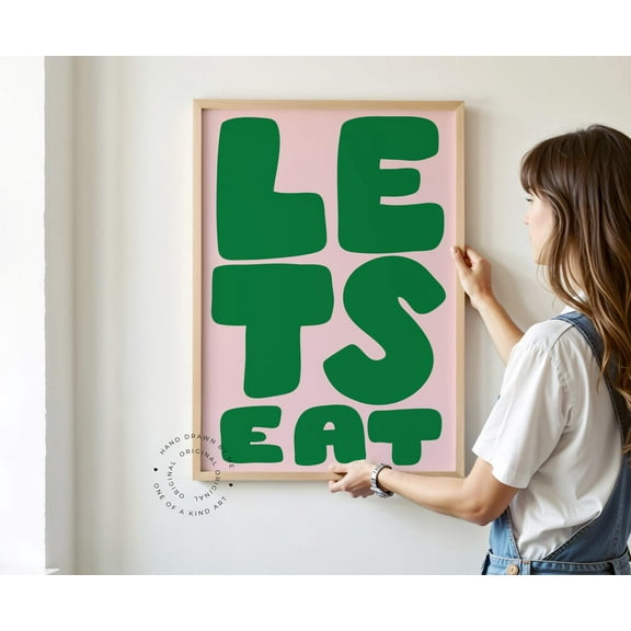 Miluva Lets Eat Wall Art, , Dining Room Poster, Kitchen Apartment Decor, Green Pink Hand Drawn Quote, Printable Modern Art Sign Decor For Living Room Bedroom, 8x12 UNFRAMED