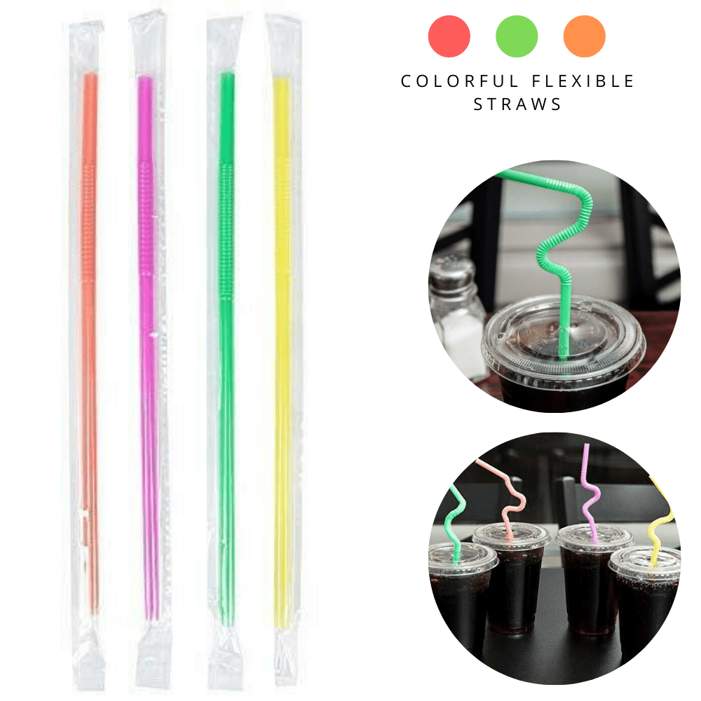 Netko Colorful Plastic Straws – Disposable Flexible Straws, Individually Wrapped Drinking Straws Perfect for Smoothies & Milkshakes (Pack of 200)